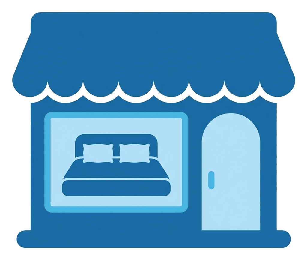 Illustration of the Bed Art showroom — a storefront with a made bed in the window